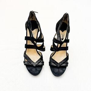 Jimmy Choo Black Suede Strappy Sandals Stiletto Heel Metallic Black Size 39 US 9